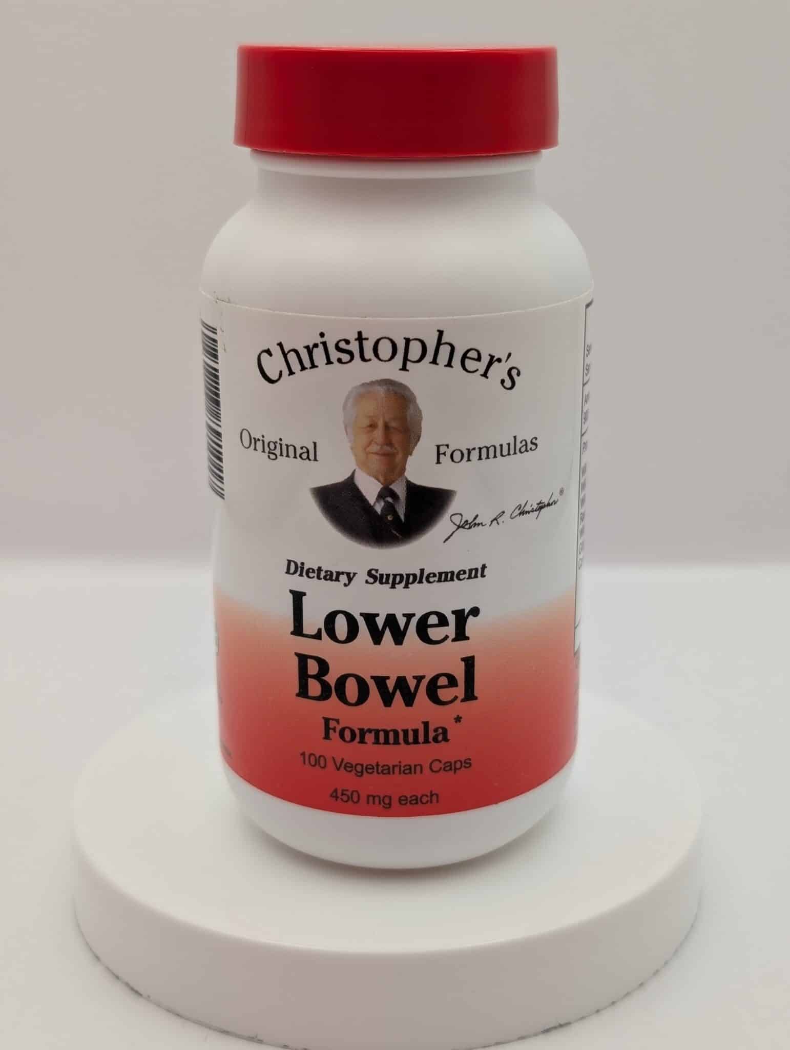 "Christopher’s Original Formulas Lower Bowel Formula herbal supplement bottle – front label, 100 vegetarian capsules"