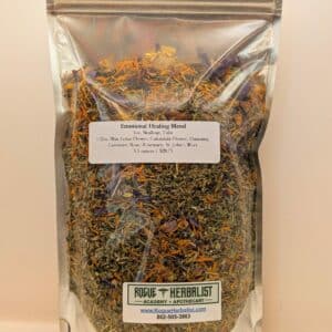 Loose-leaf Emotional Healing Tea Blend with skullcap, tulsi, blue lotus, calendula, lavender, and rose petals