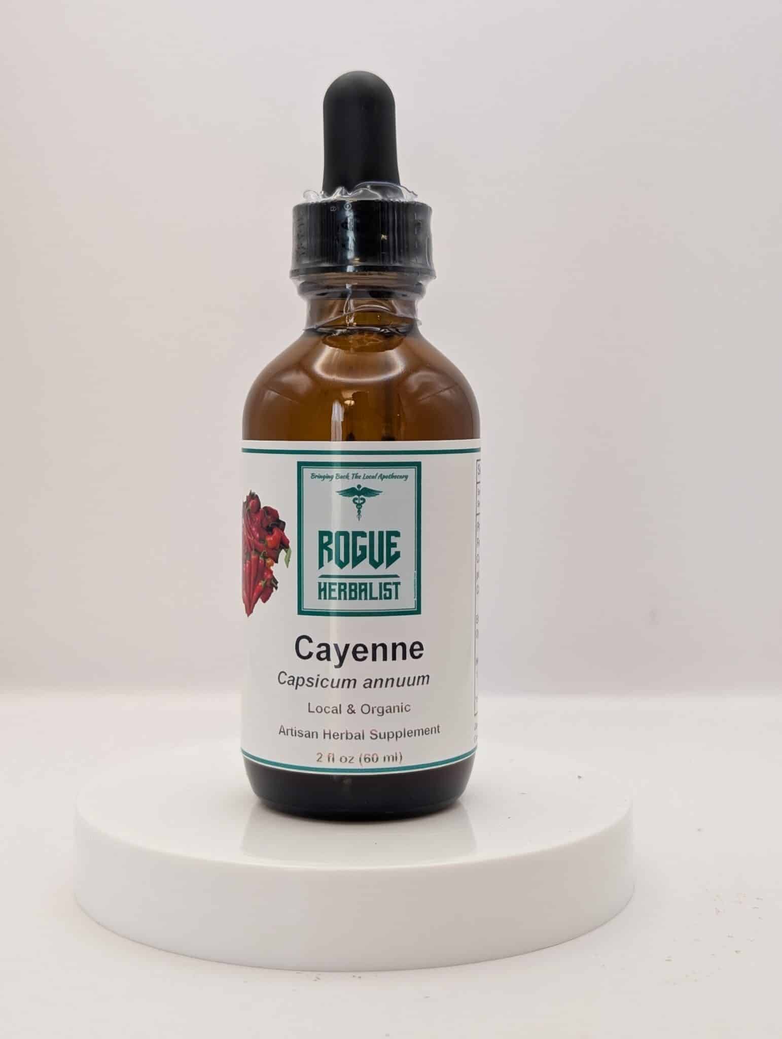 Bottle of Rogue Herbalist Cayenne Pepper Tincture 2 oz made from Capsicum annuum in 95% cane alcohol